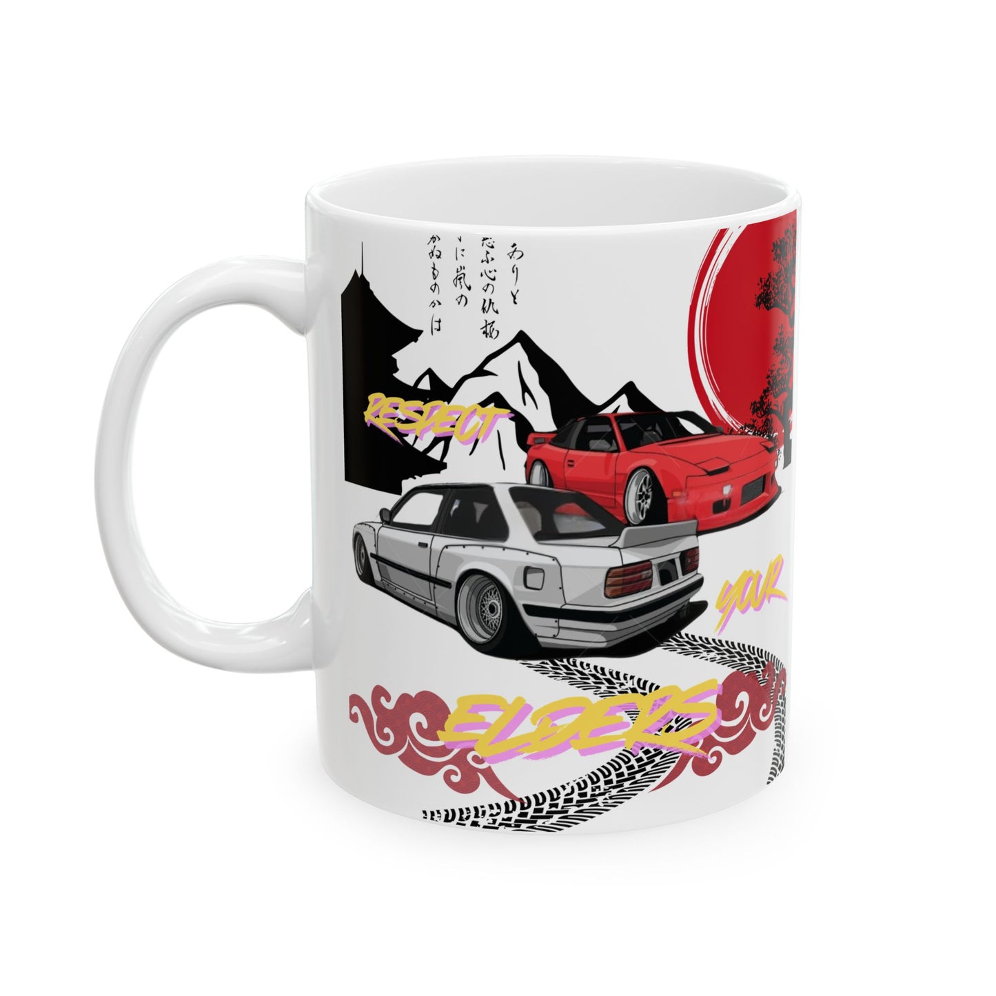 Sip in style with this mug featuring a retro-inspired E30 and 240 design that celebrates classic 90’s tuner culture.