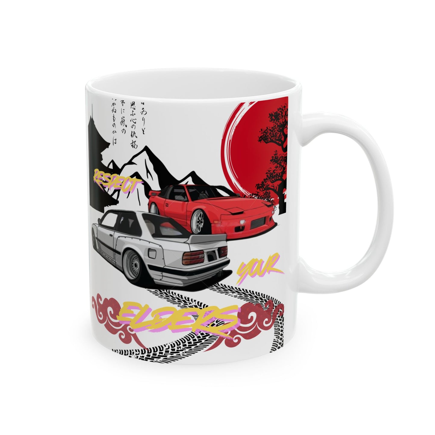 Sip in style with this mug featuring a retro-inspired E30 and 240 design that celebrates classic 90’s tuner culture.