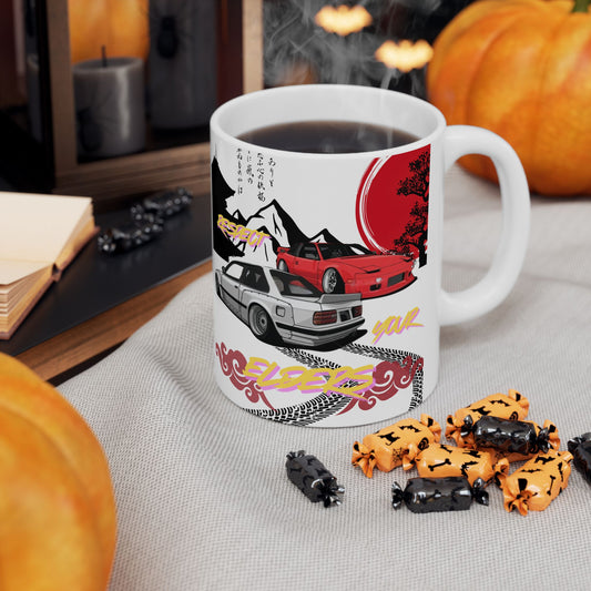 Sip in style with this mug featuring a retro-inspired E30 and 240 design that celebrates classic 90’s tuner culture.